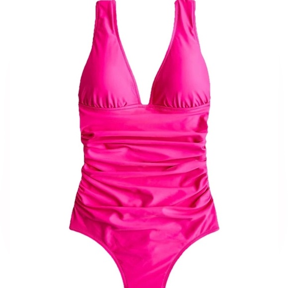 J.Crew Plus Size Ruched V-neck One-piece swimsuit NWT Radiant Fuchsia Pink BC116 - Picture 1 of 4